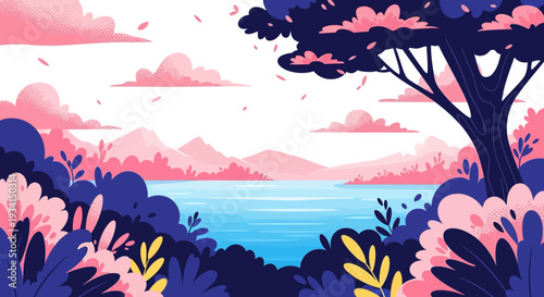 Whimsical Flat Design Landscape Illustration with Pink Mountains, Blue Lake, Lush Foliage, and Dreamy Sky