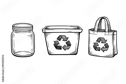 Hand-drawn white sketches of a glass jar, a recycling bin, and a reusable shopping bag on a black background, symbolizing zero waste and environmental sustainability.