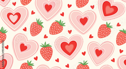 Colorful pattern of strawberries and hearts on cream background for valentines day or love themed designs and decorations