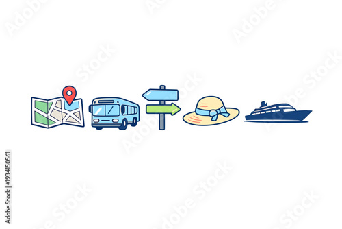 A collection of vibrant travel icons including a map with a pin, a blue bus, a directional signpost, a straw sun hat, and a cruise ship, all set against a solid black background.