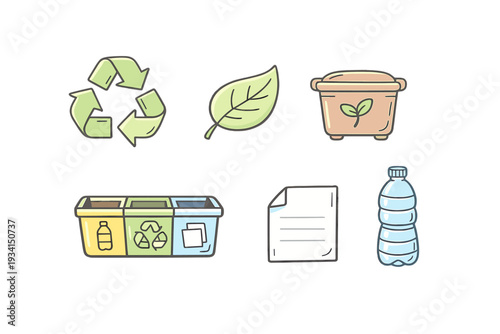 This set of six illustrative icons features environmental themes like recycling symbols, a green leaf, a compost container, waste sorting bins, a plastic bottle, and paper.