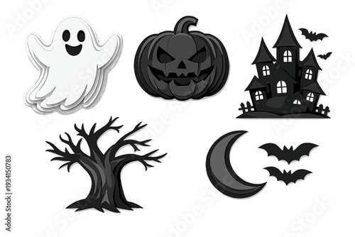 A collection of paper-cut style Halloween icons including a white ghost, a carved pumpkin, a haunted castle, a spooky tree, a crescent moon, and bats against a solid black background.
