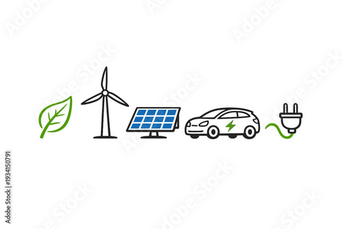 A collection of green energy icons including a leaf, wind turbine, solar panel, electric car, and power plug, arranged horizontally on a black background to represent sustainability.