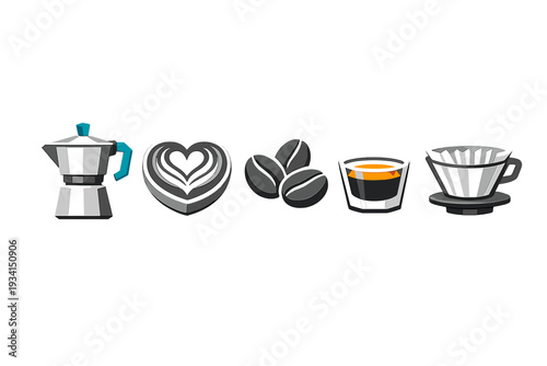 A collection of five coffee-themed icons including a moka pot, heart latte art, coffee beans, an espresso shot, and a pour-over dripper, all set against a solid black background.