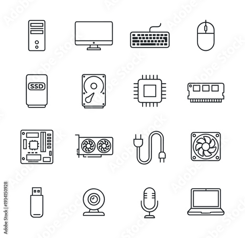 Collection of computer hardware icons in a clean, modern line art style