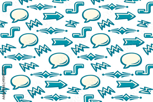 This seamless pattern displays various teal and white comic book icons including speech bubbles, arrows, and lightning bolts over a black backdrop. It features a retro pop art aesthetic.