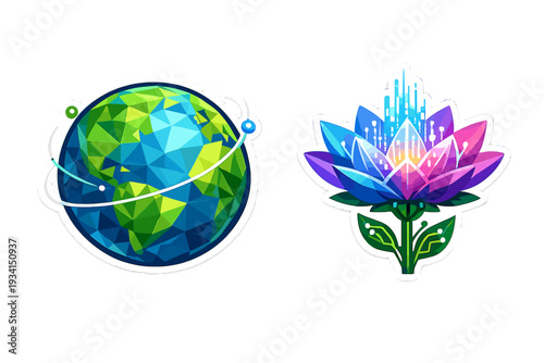 A set of two stickers including a low-poly geometric Earth globe with orbital paths and a vibrant digital lotus flower with glowing circuit patterns and light rays.