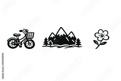 Three black and white sticker icons featuring a bicycle with a basket, snow-capped mountains with pine trees, and a simple flower, all set against a solid black background.