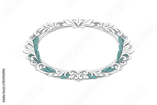 An ornate oval frame with white and teal decorative leaf patterns and scrollwork flourishes, set against a solid black background. The frame features a classic baroque style with dimensional depth.