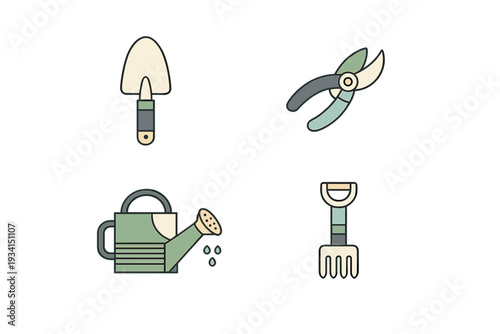 A set of four minimalist gardening tool icons including a trowel, pruning shears, a watering can, and a hand rake, presented in a flat design style on a black background.