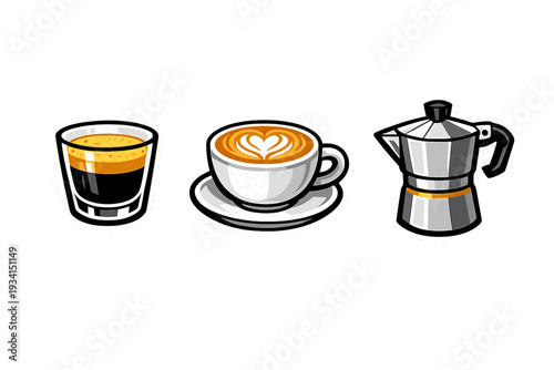 Three coffee-themed illustrations featuring a glass of espresso with crema, a cup of cappuccino with heart latte art on a saucer, and a classic silver moka pot on a black background.
