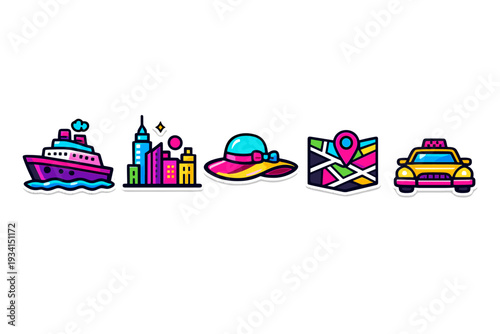 A collection of five colorful travel-themed stickers featuring a cruise ship, a city skyline, a sun hat, a map with a location pin, and a yellow taxi cab on a black background.