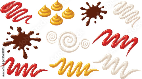Sauce and Cream Swirl Collection with Ketchup Mustard Mayonnaise and Chocolate Splashes Isolated Glossy Vector Illustration Set