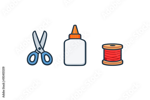 A flat illustration featuring a pair of blue scissors, a white glue bottle with an orange cap, and a wooden spool wound with red thread, all set against a solid black background.
