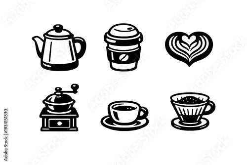 A collection of six minimalist coffee-themed line art icons featuring a kettle, a disposable cup, heart latte art, a manual grinder, a cup on a saucer, and a pour-over coffee dripper.