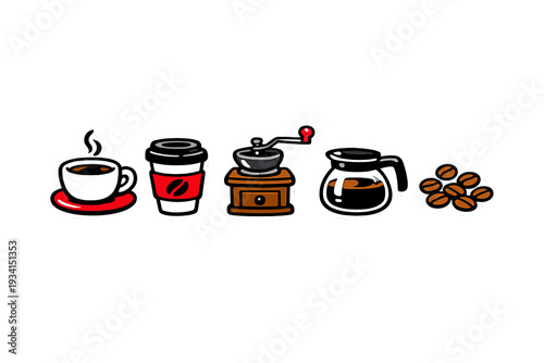 A set of five coffee-themed stickers including a steaming cup, a takeaway cup, a manual grinder, a glass carafe, and roasted beans, all arranged in a row on a black background.