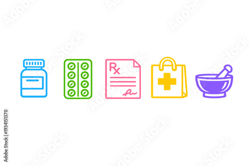 Five vibrant icons depicting medical and pharmaceutical symbols like a medicine bottle, pills, prescription form, first aid bag, and mortar and pestle set against a dark background.