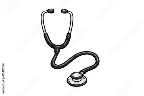 A hand-drawn illustration of a medical stethoscope with black tubing and silver earpieces, isolated against a solid black background. It features a classic design for healthcare professionals.