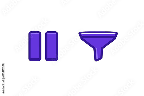 Two purple icons featuring a pause symbol and a funnel filter symbol are displayed against a solid black background. The icons have a stylized, glossy appearance with dark outlines.