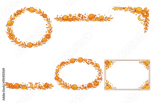A collection of six celestial-themed decorative frames and borders featuring planets, moons, stars, and botanical elements in an orange and gold color palette on a black background.