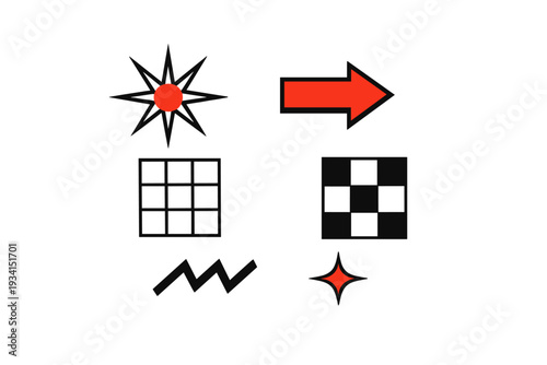 A collection of various geometric shapes including a red arrow, a star with a red center, a grid, a checkerboard pattern, a zigzag line, and a four-pointed star on a black background.