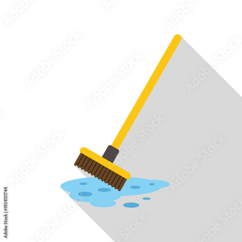 Broom sweeping a puddle of liquid on a floor, creating a clean abstract background