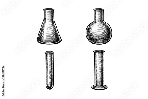 A vintage-style engraving of four laboratory glassware items including an Erlenmeyer flask, a round-bottom flask, a test tube, and a graduated cylinder on a black background.