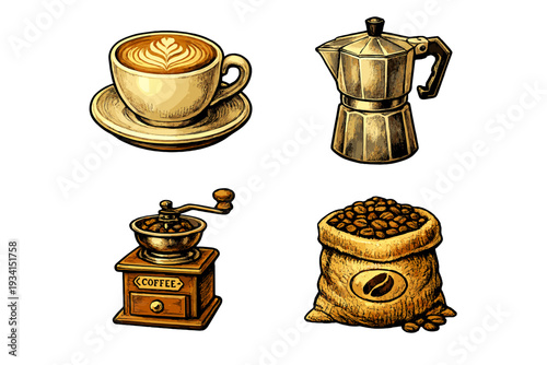 Four vintage-style coffee illustrations including a latte with art, a moka pot, a manual grinder, and a burlap sack of beans, presented on a dark background.