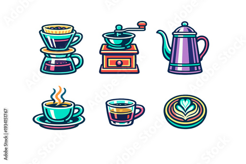 A collection of six vibrant coffee-themed icons featuring a grinder, kettle, pour-over set, steaming cup, espresso glass, and latte art, all set against a solid black background.