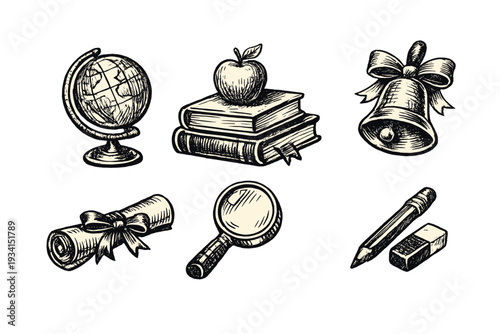 A collection of vintage hand-drawn school icons including a globe, books with an apple, a bell, a diploma scroll, a magnifying glass, and a pencil with an eraser on a black background.