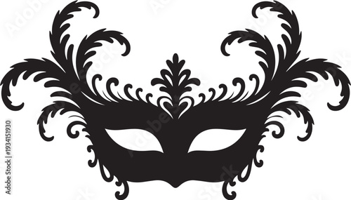 Black venetian masquerade mask with feathers and floral