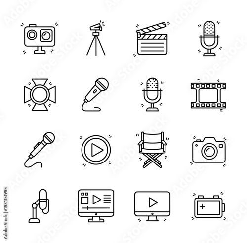 Collection of film and media production icons including cameras, microphones, and editing equipment