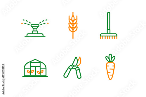 A collection of six gardening and agriculture icons featuring a sprinkler, wheat stalk, rake, greenhouse, pruning shears, and a carrot in green and orange line art on a black background.