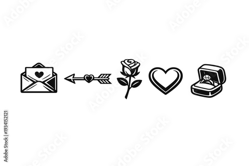 A collection of five white romantic icons on a black background, including a love letter, an arrow with a heart, a rose, a heart shape, and an engagement ring in a box.