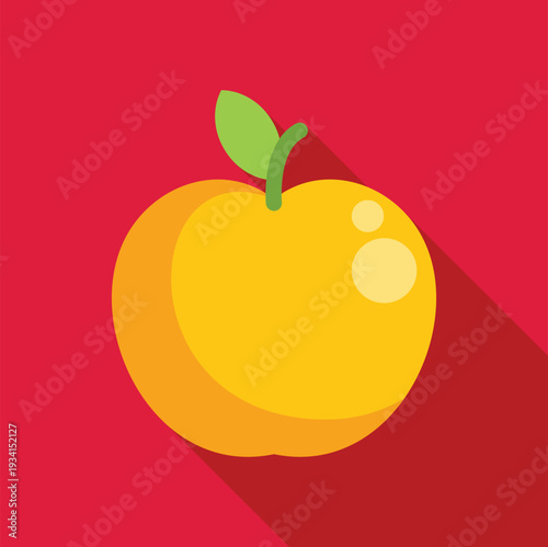 Yellow apple fruit with a stem and leaf presented in a flat design style with a long shadow