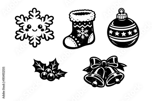 A collection of five white Christmas icons on a black background, including a smiling snowflake, a decorative stocking, a bauble with stars, holly berries, and festive bells with a bow.