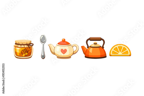 A collection of five cartoon icons including a honey jar, a silver spoon, a teapot with a heart, an orange kettle, and a citrus slice, all isolated on a black background.