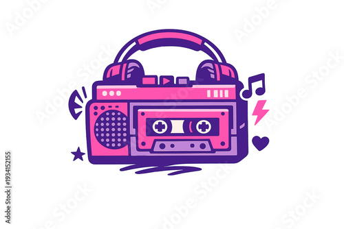 A colorful graphic depicts a vintage cassette player with headphones, surrounded by musical symbols like notes and a lightning bolt in a stylized purple and pink neon palette on a dark background.