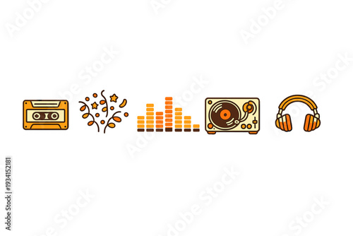 A set of five orange and yellow music-themed icons including a cassette tape, fireworks, an equalizer, a turntable, and headphones, all arranged in a row on a black background.