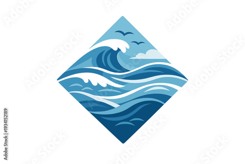 A stylized graphic illustration of ocean waves crashing within a blue diamond frame. The design features seagulls flying in a light blue sky with white clouds on a black background.