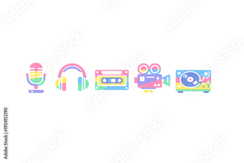 A row of five colorful media icons including a microphone, headphones, cassette tape, movie camera, and record player, presented in a vibrant flat style on a solid black background.