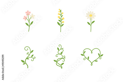 A collection of six hand-drawn floral and vine illustrations on a black background, featuring colorful flowers, green leaves, and a heart-shaped vine design in a simple flat style.