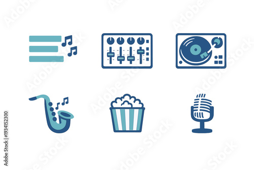 This set of six minimalist blue icons features various entertainment elements such as an audio mixer, a vinyl record player, a saxophone, a popcorn container, and a classic microphone.