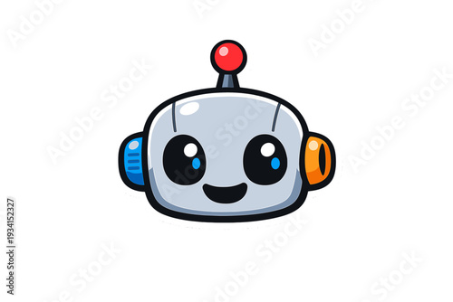 A cute cartoon robot head sticker with large expressive eyes, a friendly smile, a red antenna, and colorful blue and orange side components, isolated on a solid black background.