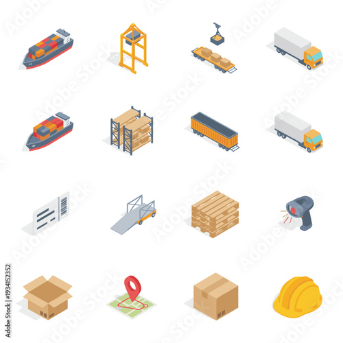 Isometric icons representing logistics, shipping, and delivery services for global trade