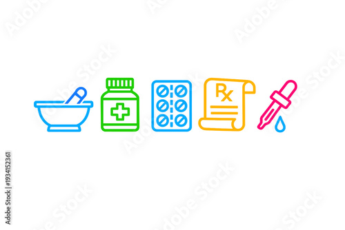 A row of colorful neon icons representing pharmacy and medicine on a black background, including a mortar and pestle, pill bottle, blister pack, prescription, and a dropper.