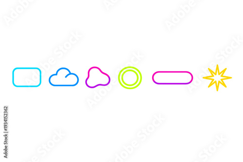 A row of six glowing neon outline shapes including a cloud, circle, and star, set against a solid black background. The vibrant icons feature cyan, blue, purple, green, pink, and yellow.