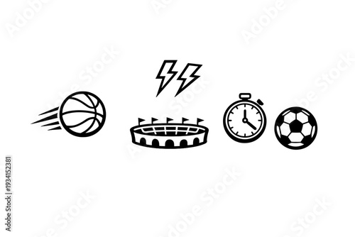 A collection of white sports icons on a black background featuring a basketball, a soccer ball, a stadium, a stopwatch, and lightning bolts representing speed and competition.