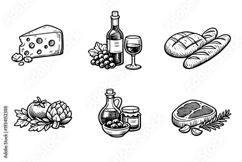 This set features six hand-drawn woodcut style illustrations of various food items like cheese, wine, bread, vegetables, olive oil, and steak on a solid black background.
