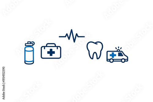 A collection of blue medical icons including an oxygen cylinder, first aid kit, heartbeat line, tooth, and ambulance, arranged horizontally against a solid black background.